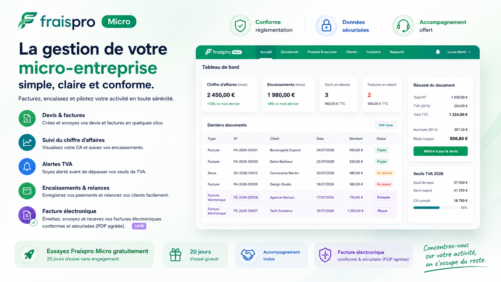 Apercu de l'interface Fraispro Micro pour devis, facturation et suivi d'activite.