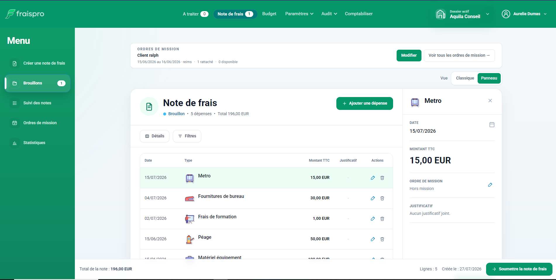 Interface Fraispro affichant le détail d'un brouillon de note de frais