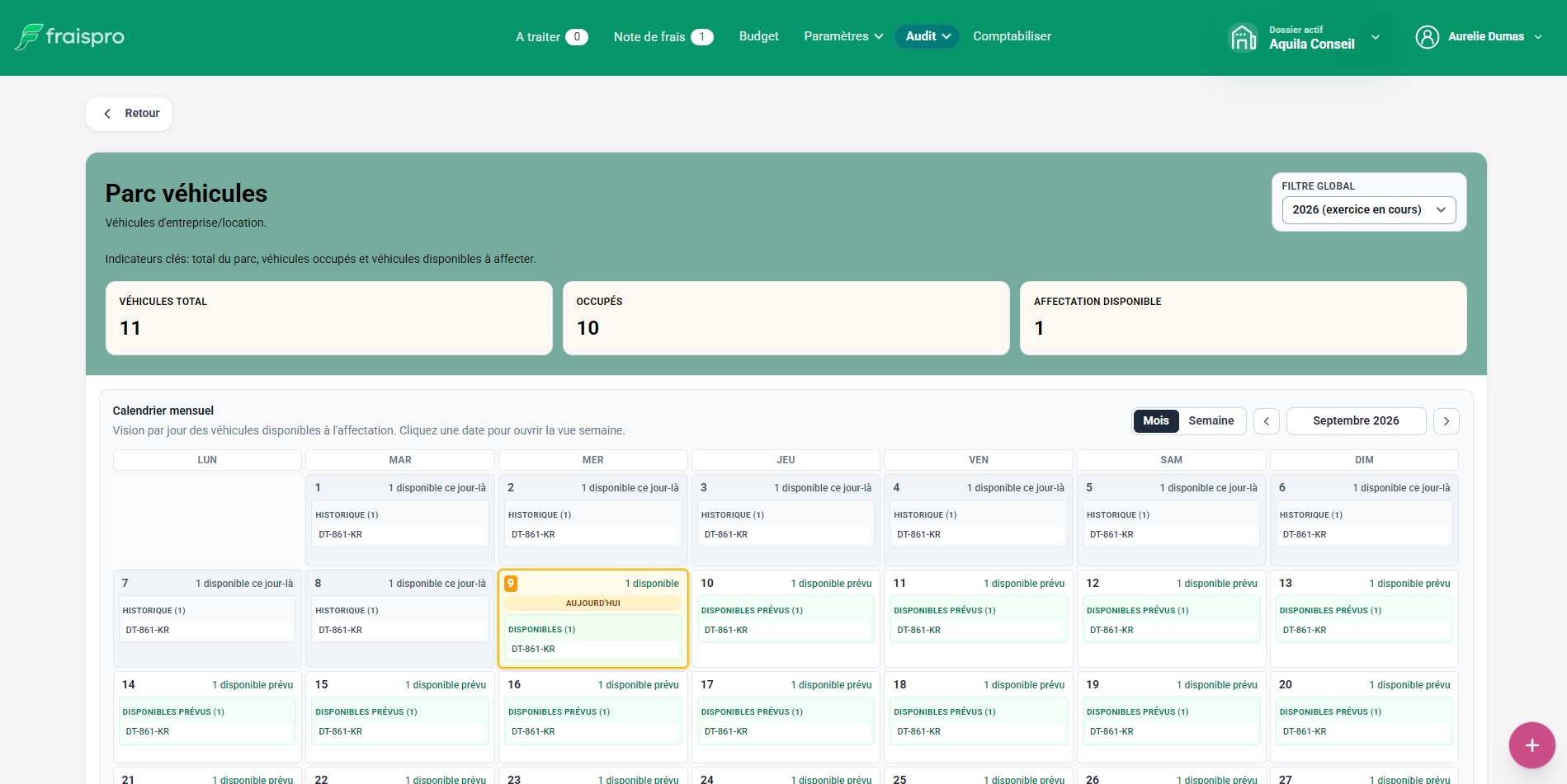 Calendrier de gestion du parc de véhicules d'entreprise dans Fraispro